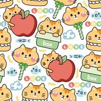 Seamless pattern of cute cat in various poses with tiny icon on white background.Apple,fish,love text,cloud hand drawn.Pet animal character cartoon.Meow.Kawaii.Vector.Illustration. vector