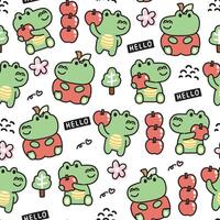Seamless pattern of cute crocodile with tiny icon on white background.Hello text,flower,apple,heart,tree hand drawn.Reptile animal character cartoon design.Kawaii.Vector.Illustration. vector