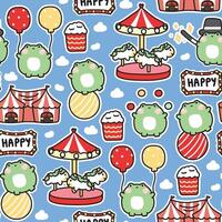 Seamless pattern of cute fat frog in amusement park concept.Chubby reptile animal cartoon character design.Clothing print screen.Festival.Carnival.Kawaii.Vector.Illustration. vector