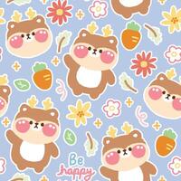 Seamless pattern of cute deer with icon background.Wild animal character cartoon design.Leaf,flower,carrot,be happy text hand drawn.Nature.Kawaii.Vector.Illustration. vector