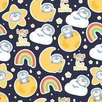 Seamless pattern of cute penguin on the moon star rainbow and planet galaxy background.Bird animal character cartoon design.Lets go to the moon text.Kawaii.Vector.Illustration. vector