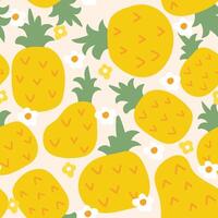Seamless pattern of cute big pineapple with flower background.Fruits.Summer.Cartoon hand drawn.Image for card,poster,baby clothing.Kawaii.Vector.illustration. vector