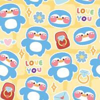 Seamless pasttern of cute penguin in valentines day concept background.Love you text.Flower,heart,ring hand drawn.Image for card,poster,baby clothing.Kawaii.Vector.Illustration. vector