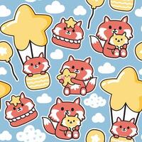 Seamless pattern of cute fox in various poses with smile face star on sky backround.Cloud,balloon,star,macaron hand drawn.Wild animal character cartoon.Kawaii.Vector.Illustration. vector