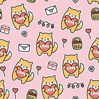 Seamless pattern of cute shiba inu dog with heart love text with various tiny icon on pink background.Japanese pet animal character cartoon design.Heart,gift box,balloon.Kawaii.Vector.Illustration. vector