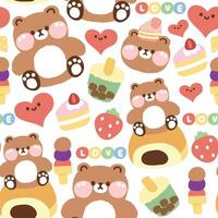 Seamless pattern of cute teddy bear with sweet and dessert icon on white background.Wild animal character cartoon design.Strawberry,cake,bubble milk tea,heart,love,bread.Kawaii.Vector.Illustration. vector