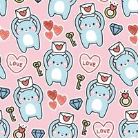 Seamless pattern of cute polar bear hold paper mail with various tiny icon on pink background.Teddy.Animal character cartoon design.Heart,key,dimond,married ring.Valentines.Kawaii.Vector.Illustration. vector