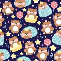 Seamless pattern of cute teddy bear in various poses on night sky background.Sleep.Balloon.Wild animal character cartoon design.Image for card,poster,baby clothing.Kawaii.Vector.Illustration. vector