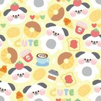 Seamless pattern of cute dog with bakery icon background.Pet animal character cartoon design.Donut,chocolate,coffee,bread,ice cream,heart,jam.Kawaii.Vector.Illustration vector