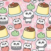 Seamless pattern of cute Panda in various character cartoon background.Teddy bear stay on pudding balloon.Macaron,grass.rain hand rawn.Wild animal.Kawaii.Vector.Illustration. vector