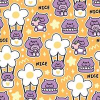 Seamless pattern of cute hippopotamus in various poses background.Flower,Balloon,peach,macaron,star,nice text drawn.Wild animal character cartoon design.Kawaii.Vector.Illustration. vector