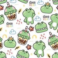 Seamless pattern of cute frog in various character cartoon background.Macaron,flower,cloud,good vibes text.Reptile animal.Kawaii.Vector.Illustration. vector