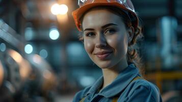 AI generated smiling female worker in modern industrial environment working photo