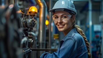 ai generado sonriente hembra trabajador en moderno industrial ambiente trabajando foto