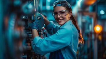 ai generado sonriente hembra trabajador en moderno industrial ambiente trabajando foto