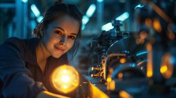 ai generado sonriente hembra trabajador en moderno industrial ambiente trabajando foto