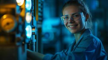 AI generated smiling female worker in modern industrial environment working photo