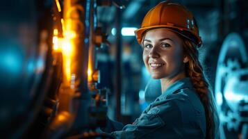 ai generado sonriente hembra trabajador en moderno industrial ambiente trabajando foto