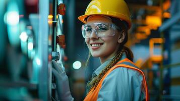 AI generated smiling female worker in modern industrial environment working photo