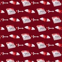 Valentine s day seamless pattern with Valentine calendar, heart arrow and heart wing on red background vector