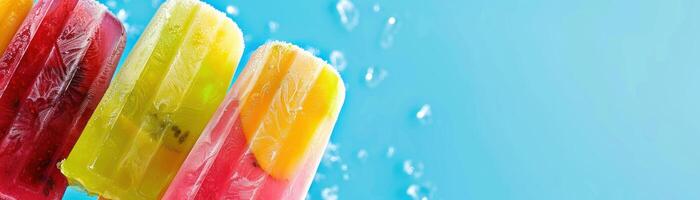 ai generado refrescante hecho en casa Fruta Paletas de hielo en contra un fondo de verano azul Perfecto para un caliente día cerca arriba vibrante foto