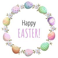 Easter wreath with flowers and eggs. Vector greeting card with textbox