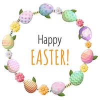 Easter wreath with flowers and eggs. Vector greeting card with textbox