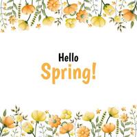 Greeting card template with orange and yellow floral blooming flowers and leaves border. Spring botanical flat vector