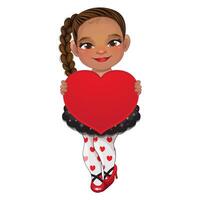 Valentine s Day with American African Girl holding Red Heart Cartoon Character Vector illustration