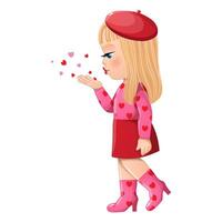 Valentine s Day with Blonde Hair Girl Side View Blowing Hearts flat vector illustration. Valentines Day Celebration Cartoon Vector