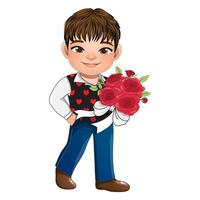 enamorado s día con linda chico participación ramo de flores de rosas dibujos animados personaje vector ilustración