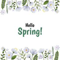 Greeting card template with white floral blooming flowers and leaves border. Spring botanical flat vector