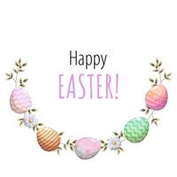 Easter wreath with flowers and eggs. Vector greeting card with textbox