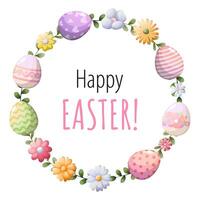 Easter wreath with flowers and eggs. Vector greeting card with textbox