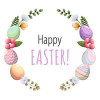 Easter wreath with flowers and eggs. Vector greeting card with textbox