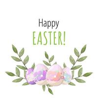 Easter wreath with flowers and eggs. Vector greeting card with textbox