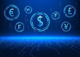 various foreign currency technology background with technology cycle It represents a new era of finance that comes in the electronic money system. by making transactions via the internet vector