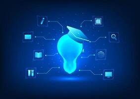 Modern educational technology Light bulb and degree cap connected icon It represents modern education, finding ideas, combining with technology. online learning vector