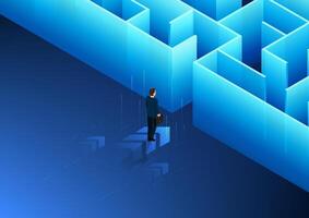 Businessman standing in front of the maze along with arrow Shows the problems faced by businesses that must find solutions in order for the business to grow and survive, isometric vector