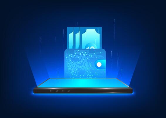 Smartphone technology that projects a hologram image of your wallet Concept of using wallet in e-wallet form via mobile phone. Both payment of goods, deposits, withdrawals, money transfers
