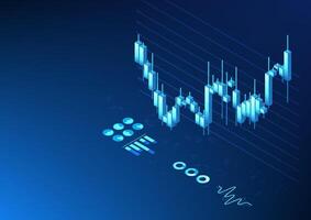 Isometric technology stock graph Candlestick style It shows the price, status of the company, growth, profit and loss. So that investors can decide to invest in expanding the business in the future. vector