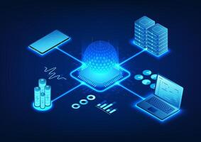 Microchip technology that is the command processor Management of the system on technological devices Connected to laptop, smartphone, server and battery, isometric illustration, Vector illustration