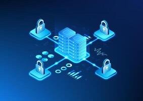 Server technology background is where data is processed and stored. Connected to the lock represents the organization's data protection system against theft and theft, isometric vector