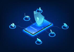 Cybersecurity technology built into smartphones has a security system. Prevent financial information theft Mobile screen as shield connected with financial icons, isometric vector