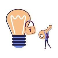 Intellectual property, patented protection, copyright reserved or product trademark that cannot copy concept, businessman owner standing with light bulb idea locked with padlock for patents. vector