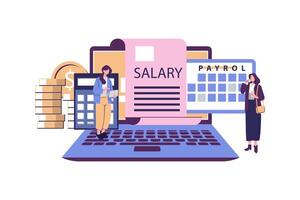 Salary payroll system, online income calculate and automatic payment, office accounting administrative or calendar pay date, employee wages concept, businessman standing with online payroll computer. vector