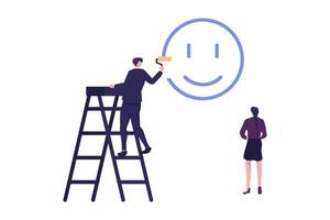 Happiness and positive thinking, optimism or motivation to live happy life concept, happy boy climb up ladder to paint smile face on the wall vector