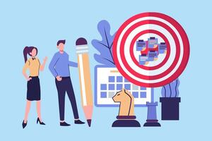 Goal setting, achievable target or purposeful objective, mission to accomplish or challenge to win for business success concept, businessman write down goal on notes and put on big dartboard target. vector