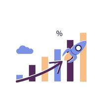 financial report graph with exponential arrow from flying rocket, investment, wealth or earning rising up graph vector