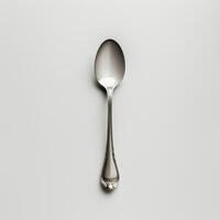 AI generated minimalistic style silver spoon on white background top view photo